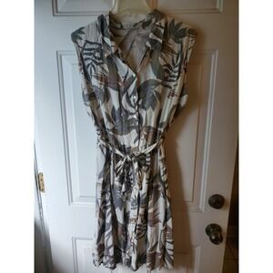 Laura Bianchi Shirt Dress Linen Slvless Leaf Vacation beach resort Sz L tropical